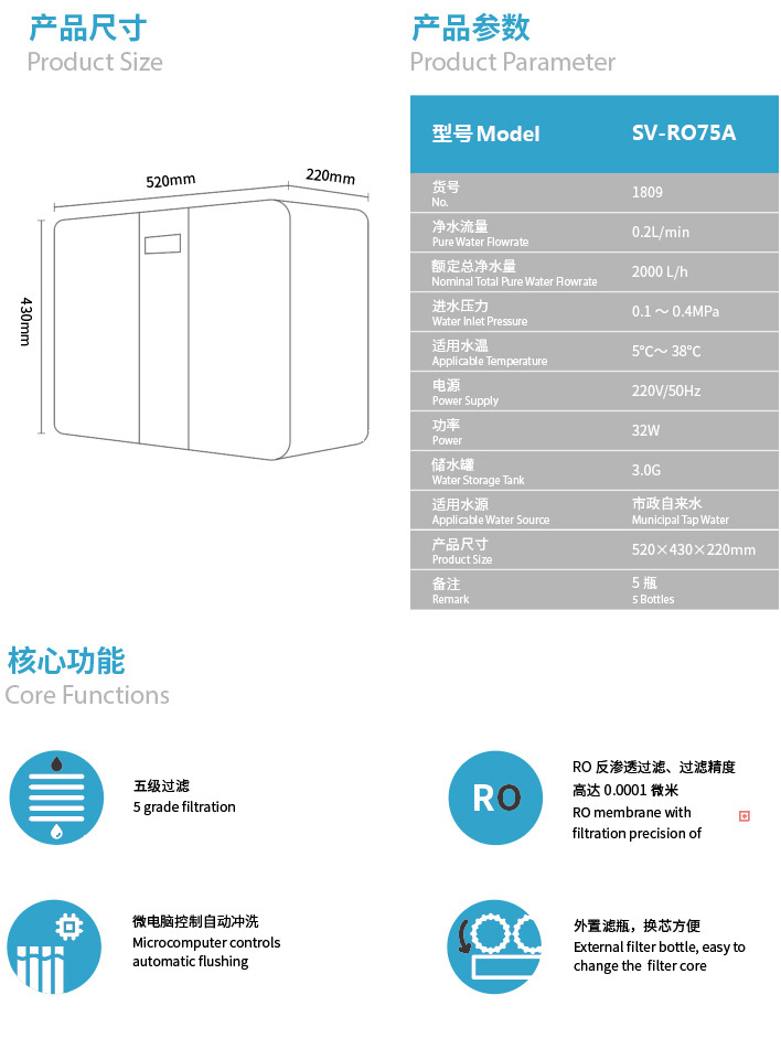 森薇反滲透凈水器 SV-RO75A(1809)產品參數